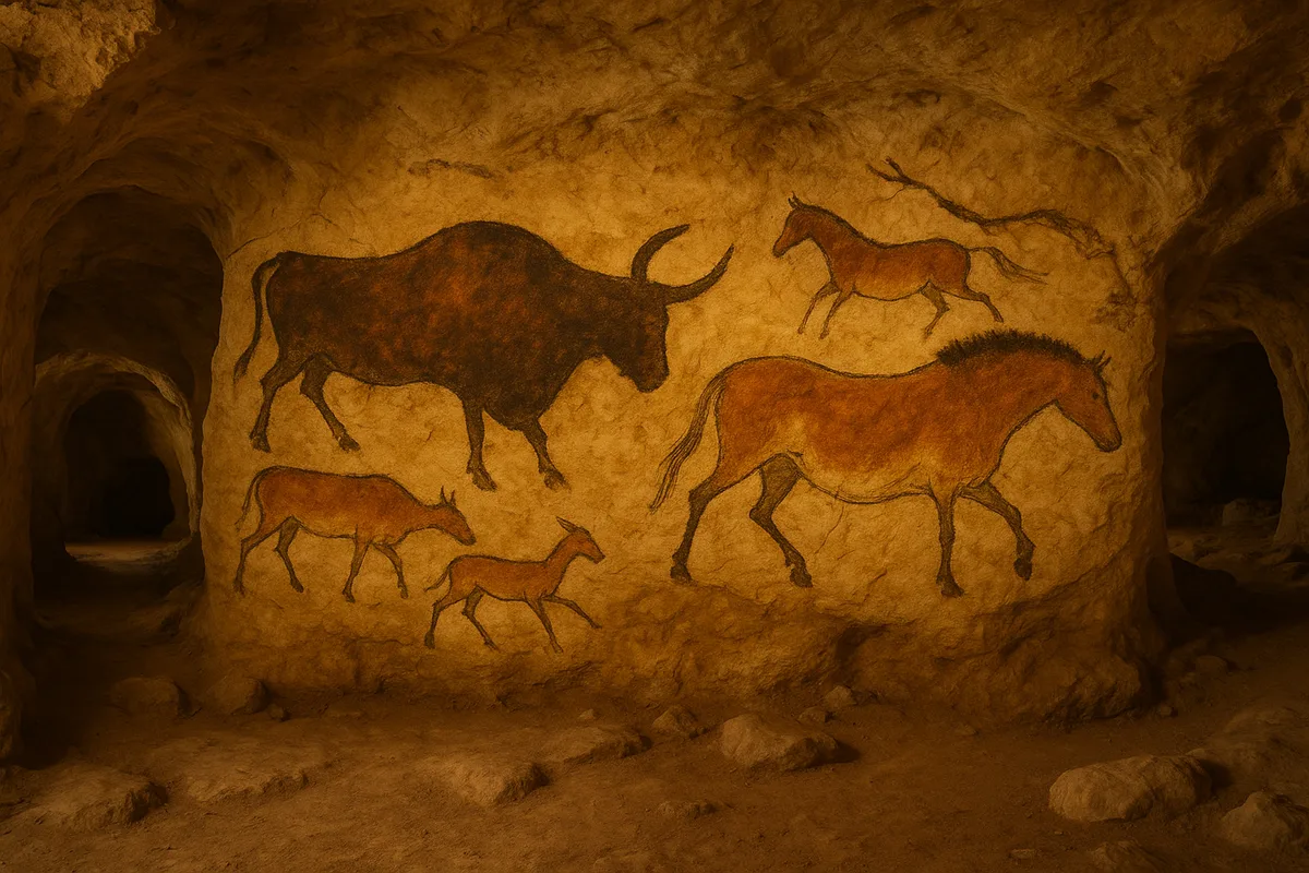KI-generierte Höhlenmalereien, die an die Höhle von Lascaux in Frankreich erinnern. Ein KI-generiertes Bild der Höhle von Lascaux mit Felsmalereien.